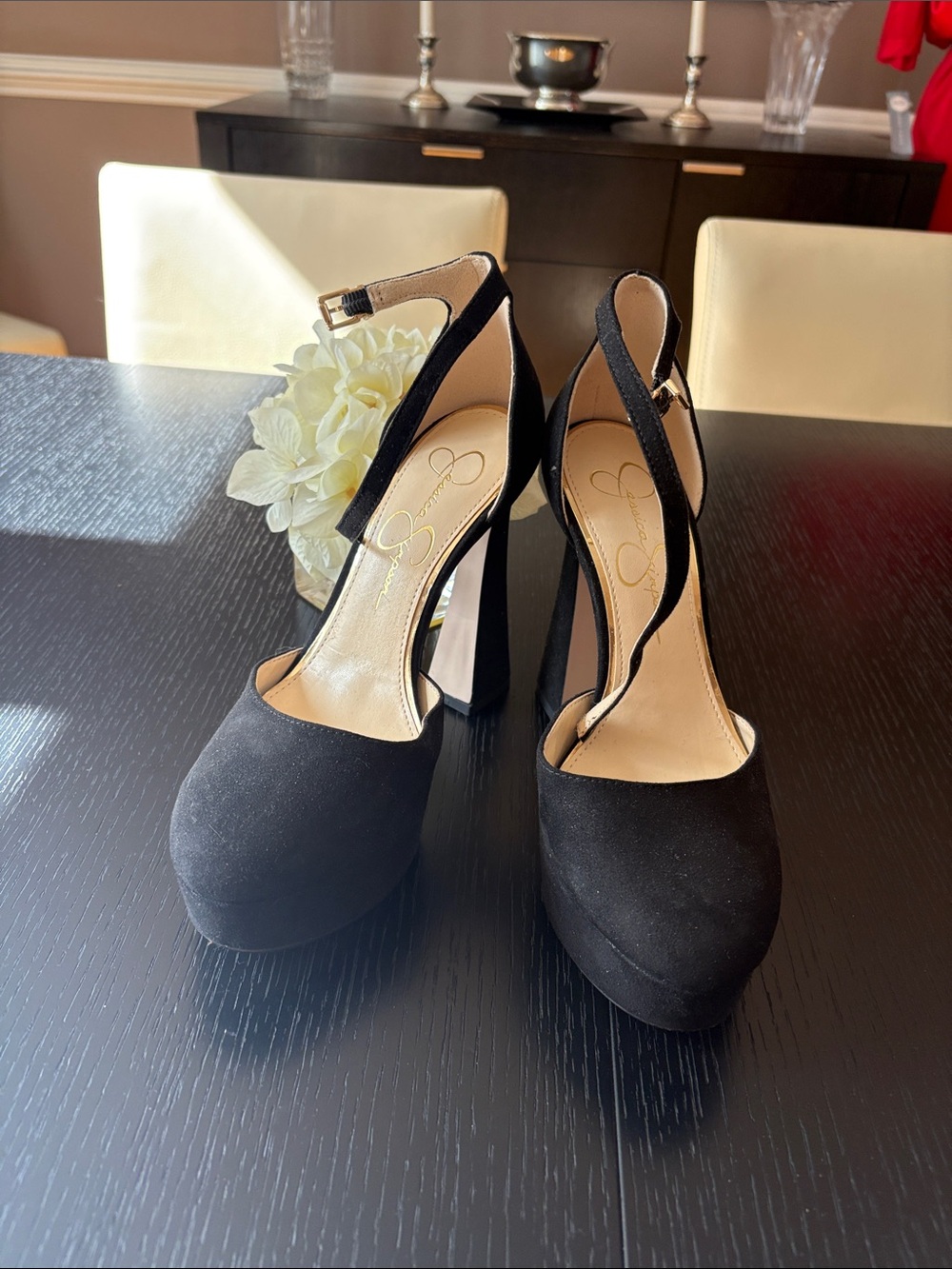 Jessica Simpson Black Suede Platform Ankle-Strap Heels